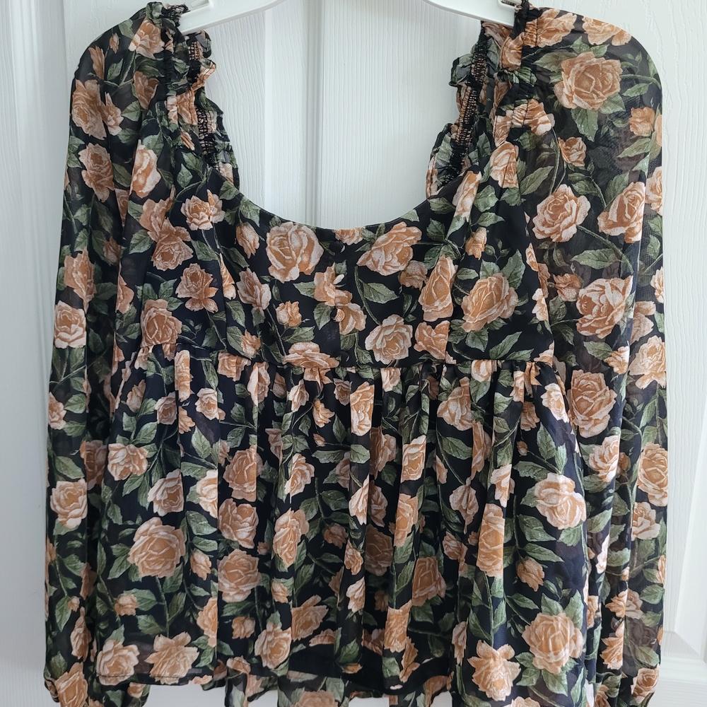 Blue Pepper Floral Long Sleeve Ruffled Blouse